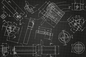 Mechanical engineering drawings on black background. Tap tools, borer, cutting tools, milling cutter. Technical Design. Cover. vector