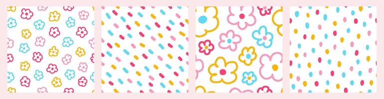Colorful seamless pattern set of multicolored hand drawn lines, flowers and . Trendy design with abstract shapes, simple and playful doodle wallpaper print vector