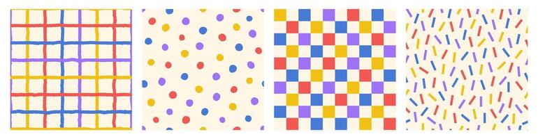 Seamless pattern set of multicolored hand drawn curved checkered lines, polka dots and strip. Trendy design with abstract shapes, simple and playful doodle wallpaper print vector