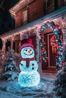 A cheerful snowman greets visitors at a warmly decorated front door during winter festivities photo