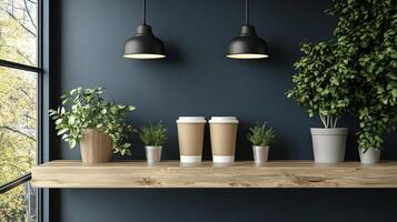 Warm cup of coffee surrounded by roasted beans on rustic wooden table photo