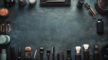 A flat lay of assorted grooming and beauty tools arranged on a textured dark surface photo