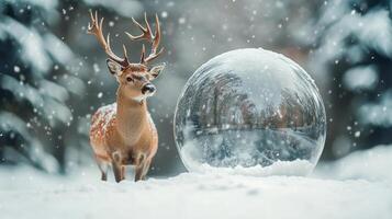 Snow globe featuring a deer surrounded by pine trees and falling snow in a winter landscape photo