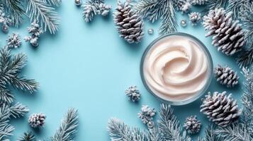 Winter skincare cream jar surrounded by snowflakes and icy blue foliage in a frosty setting photo