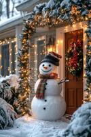 A cheerful snowman greets visitors at a warmly decorated front door during winter festivities photo