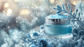 Winter skincare cream jar surrounded by snowflakes and icy blue foliage in a frosty setting photo