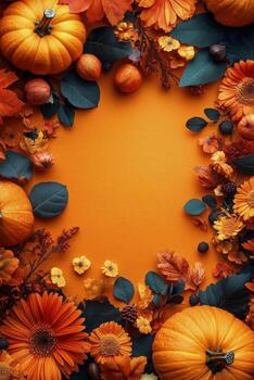 Autumn harvest display with bright oranges, apples, and colorful leaves on a neutral backdrop photo