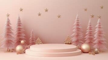 Elegant festive stage design with Christmas trees and decorative elements for the holiday season photo