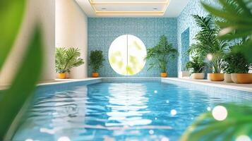 Tranquil indoor swimming pool surrounded by lush greenery and soothing blue tiles photo