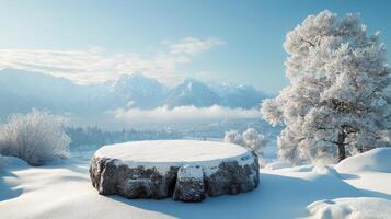 Snow-covered stone circle in a serene winter landscape during daylight photo