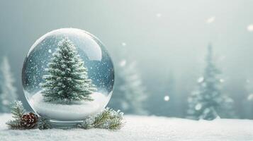 A snow globe featuring a decorated Christmas tree illuminated by soft lights in a winter setting photo
