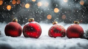 brillante rojo Navidad adornos arreglado en un espumoso superficie durante el fiesta temporada foto