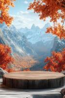 A serene autumn landscape with colorful foliage and a wooden platform in the foreground photo