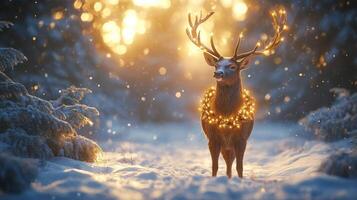 A deer adorned with lights stands amidst a winter wonderland filled with glowing decorations photo