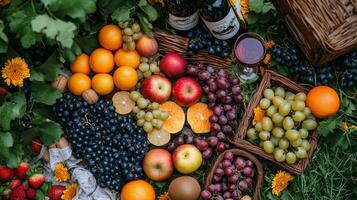 A vibrant spread of fresh fruits and beverages on a textured tablecloth during a sunny gathering photo