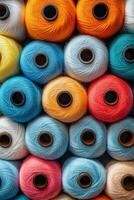 Colorful spools of yarn neatly arranged in a craft supply store showcasing vibrant textiles photo