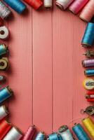 Colorful spools of yarn neatly arranged in a craft supply store showcasing vibrant textiles photo