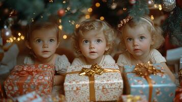 Three adorable children gazing at wrapped gifts under a Christmas tree in a cozy living room photo