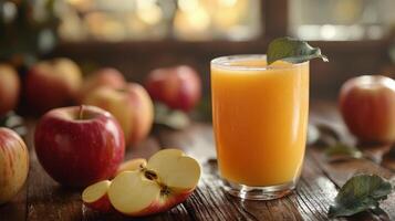 Freshly bottled apple juice sits on a rustic wooden table surrounded by apples and autumn foliage photo