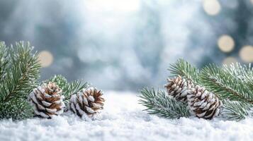 Snowfall in a serene winter landscape with mountains and illuminated trees at night photo