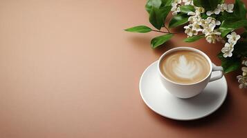 Warm cup of coffee surrounded by roasted beans on rustic wooden table photo