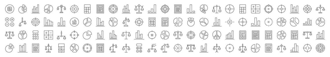 Scales, Target, Calculator, Diagram, Business Line Icon Bundle. Editable Stroke. Minimalistic Linear Pictogram for Design of Cards, Apps, Banners, Posts vector
