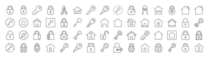 Set of Real Estate Related Line Icons. Editable Stroke for Design, Web Sites, Apps, Cards. Contains Linear Images of House and Key vector