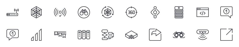 Web and internet symbols drawn with black thin line. Editable stroke. Simple linear illustration that can be used as a design element for apps and websites vector