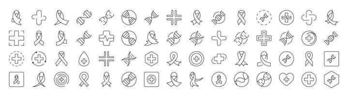 Collection of Line Icons of Medical Cross, Pink Ribbon, DNA Drawn with Thin Line for apps, web sites, banners, infographics and other types of design vector