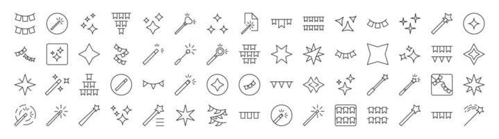 Set of Holiday Related Line Icons. Editable Stroke for Design, Web Sites, Apps, Cards. Contains Linear Images of Magic Wand, Garlands, Sparkles vector