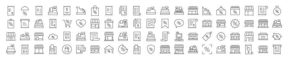 Shopping Icon Bundle. Contains Icons of Store, Receipt, Cash Register that Can Be Used for Design of Cards, Posts, Apps, Web Sites vector