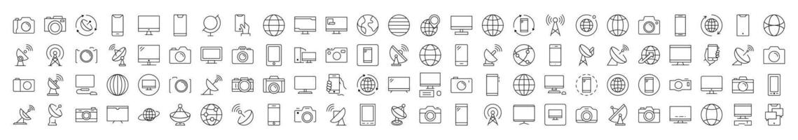 Photo Camera, Globe, Computer, Radio Locator, Phone Outline Web Line Icons Collection. Editable Stroke. Minimalistic Linear Pictogram for Design of Cards, Apps, Banners, Posts vector