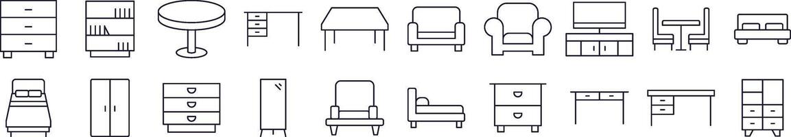 Collection of Line Icons of Table, Closet, Mirror, Chair and Table. Editable Stroke. Minimalistic Linear Pictogram for Design of Cards, Apps, Banners, Posts vector