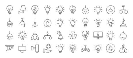 Light Bulbs, Lamps, Chandeliers Set of Thin Icons. Editable Stroke. Suitable for Web Sites, Books, Cards, Apps vector