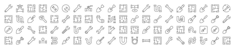 Repair and Renovation Line Icon Bundle. Modern Collection for Design, Web Sites, Apps, Cards. Contains Linear Images of Floor Plan, Shovel, Spanner, Pipe vector