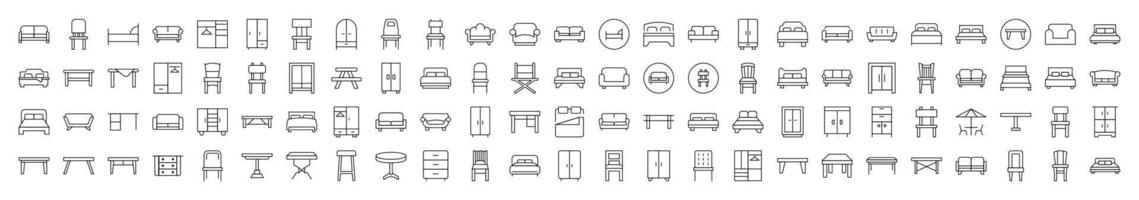 Couch, Sofa, Table, Chair Line Icon Collection. Editable Stroke. Minimalistic Linear Pictogram for Design of Cards, Apps, Banners, Posts vector