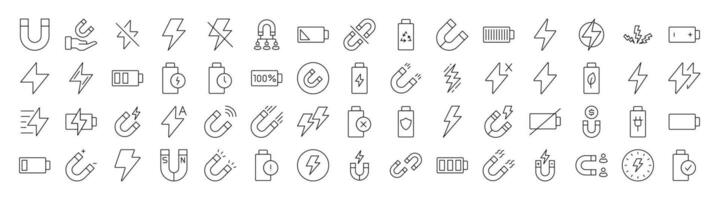 Pack of Line Icons of Energy, Battery, Charger. Editable Stroke. Minimalistic Linear Pictogram for Design of Cards, Apps, Banners, Posts vector