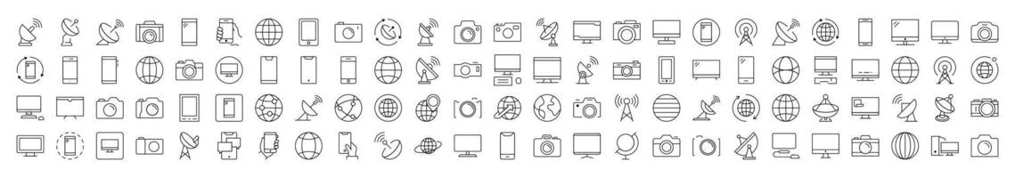 Photo Camera, Globe, Computer, Radio Locator, Phone Line Icon Pack. Editable Stroke. Minimalistic Linear Pictogram for Design of Cards, Apps, Banners, Posts vector