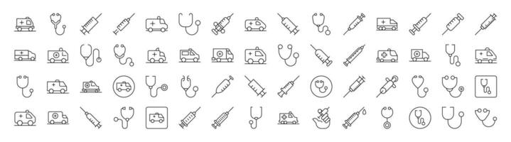 Medicine Related Outline Symbol Set. Contains Icons of Ambulance, Stethoscope, Syringe for Banners, Infographics, Books, Articles and Other Types of Design vector