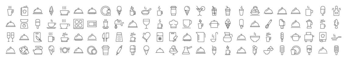 Collection of Food, Cooking and Kitchen Related Line Icons. Editable Stroke for Design, Web Sites, Apps, Cards. Contains Linear Images of Coffee, Tea, Ice Cream vector