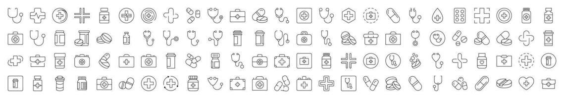 Health Care Line Icon Set. Modern Collection for Design, Web Sites, Apps, Cards. Contains Linear Images of Medical Cross, Pills, Stethoscope, Suitcase vector