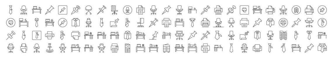 Office Line Icon Bundle. Modern Collection for Design, Web Sites, Apps, Cards. Contains Linear Images of Push Button, Tie, Workspace vector