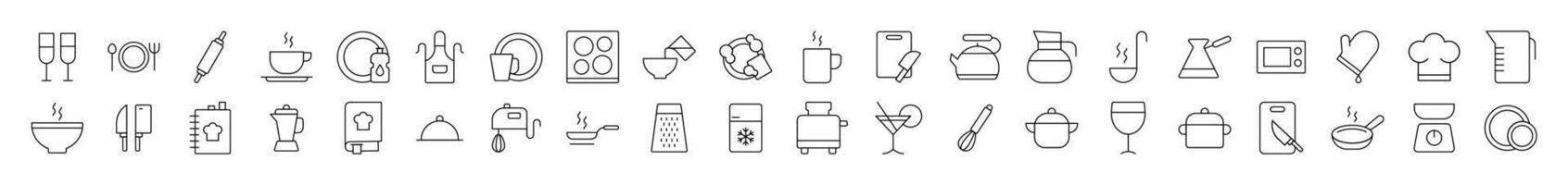 Kitchen and Cooking Line Icon Set. Contains Icons of Cutting Board, Frying Pan, Cutlery, Cookbook that Can Be Used for Design of Cards, Posts, Apps, Web Sites vector