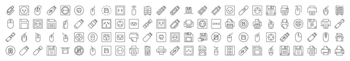 Gadgets Icon Set. Contains Icons of Icons of Outlet, Mouse, Memory Card, Printer that Can Be Used for Design of Cards, Posts, Apps, Web Sites vector