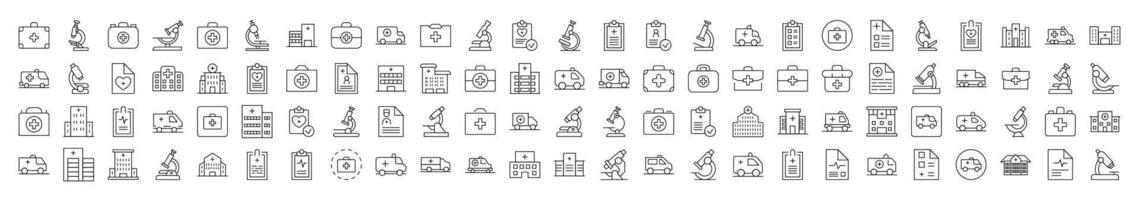 Ambulance, Microscope, Medical Suitcase, Doctor Prescription, Hospital Related Line Icons for Web Sites, Books, Cards, Apps. Editable Stroke. Suitable for Web Sites, Books, Cards, Apps vector