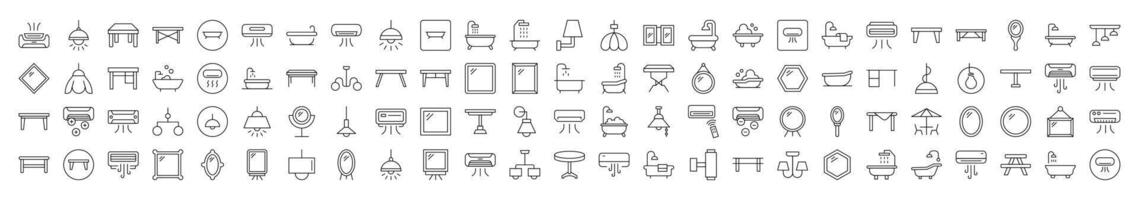 Line Icon Set of Interior. Contains Icons of Conditioner, Mirror, Table, Lamp, Chandelier, Bathroom that Can Be Used for Design of Cards, Posts, Apps, Web Sites vector