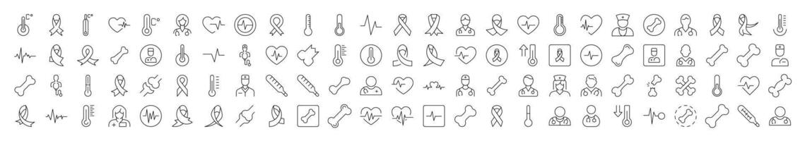 Medicine Icon Set. Contains Icons of Pink Ribbon, Thermometer, Bone, Doctor, Ill, Cardiogram that Can Be Used for Design of Cards, Posts, Apps, Web Sites vector