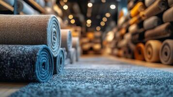 Colorful area rugs neatly rolled in a spacious home decor store showcasing various designs photo