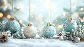 Elegant Christmas ornaments hanging over snowy backdrop with holiday decorations photo