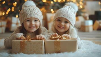 Two happy kids eagerly getting ready to open Christmas gifts in a cozy, festive room photo